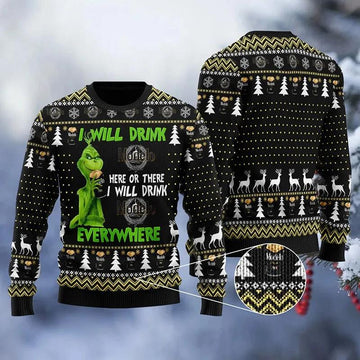 Modelo Negra Grinch Will Drink Everywhere Ugly Sweater, Grinch Holiday Sweater Moonbestprint
