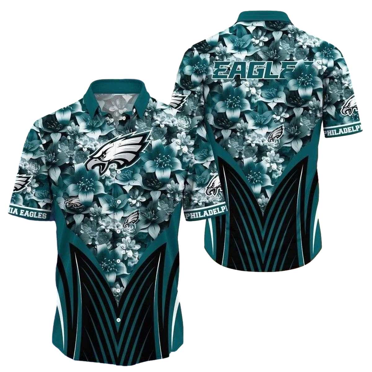 Philadelphia Eagles Monochrome Floral Elegance Hawaiian Shirt - Moonbestprint