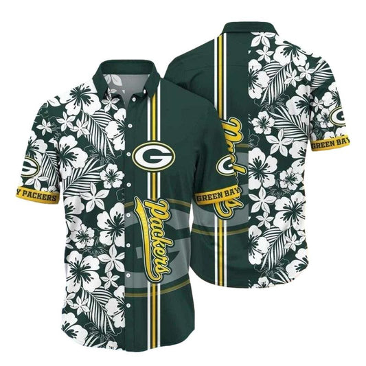 Monochrome Hibiscus And Stripes Green Bay Packers 2025 Hawaiian Shirt - Moonbestprint