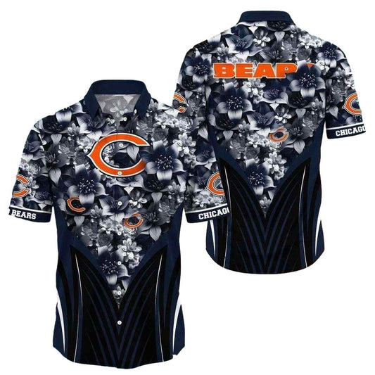 Monochrome Hibiscus Elegance Chicago Bears Hawaiian Shirt - Moonbestprint