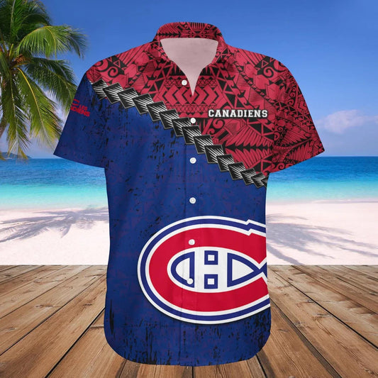 Montreal Canadiens Hawaiian Shirt Grunge Polynesian Tattoo - NHL, NHL Hawaiian Shirt Moonbestprint