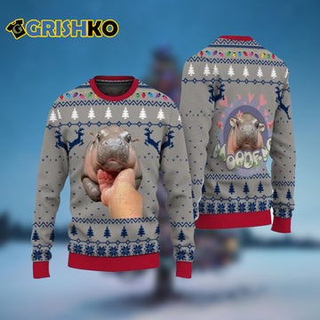 Moo Deng Bouncy Hippo Ugly Christmas Sweater - Moonbestprint