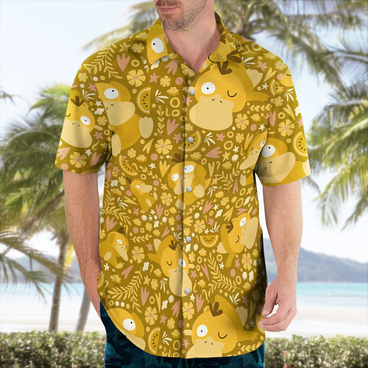 Mustard Yellow Psyduck Floral Pokémon Hawaiian Shirt – Moonbestprint