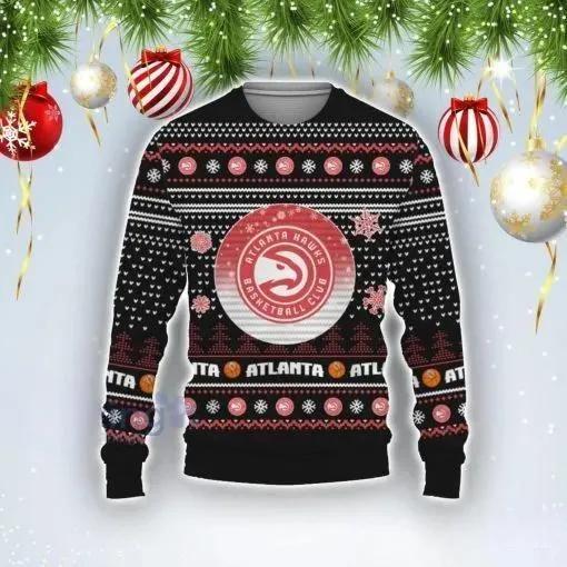 NBA Atlanta Hawks Black White Ugly Christmas Sweater, NBA Chritsmas Sweater Moonbestprint
