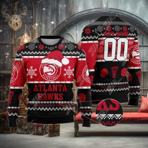 NBA Atlanta Hawks Custom Name Number Ugly Christmas Sweater, NBA Chritsmas Sweater Moonbestprint