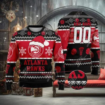 NBA Atlanta Hawks Custom Name Number Ugly Christmas Sweater, NBA Chritsmas Sweater Moonbestprint