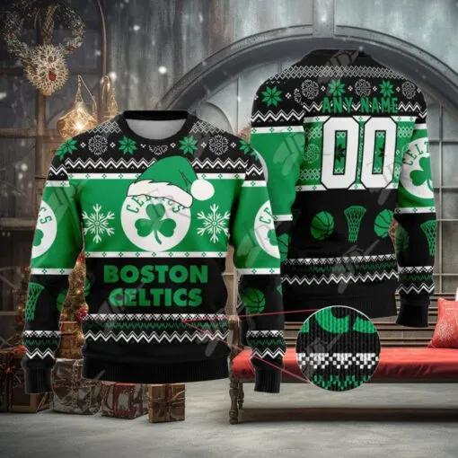 NBA Boston Celtics Custom Name Number Ugly Christmas Sweater, NBA Chritsmas Sweater Moonbestprint