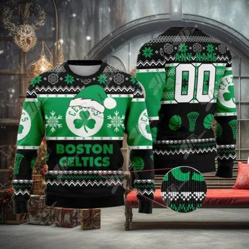 NBA Boston Celtics Custom Name Number Ugly Christmas Sweater, NBA Chritsmas Sweater Moonbestprint