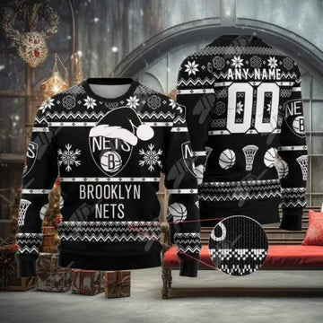 NBA Brooklyn Nets Custom Name Number Ugly Christmas Sweater, NBA Chritsmas Sweater Moonbestprint