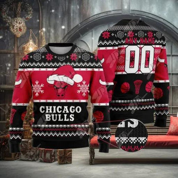 NBA Chicago Bulls Custom Name Number Ugly Christmas Sweater, NBA Chritsmas Sweater Moonbestprint