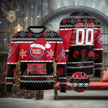 NBA Detroit Pistons Custom Name Number Ugly Christmas Sweater, NBA Chritsmas Sweater Moonbestprint
