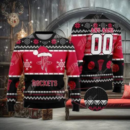 NBA Houston Rockets Custom Name Number Ugly Christmas Sweater, NBA Chritsmas Sweater Moonbestprint