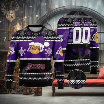 NBA Los Angeles Lakers Custom Name Number Ugly Christmas Sweater, NBA Chritsmas Sweater Moonbestprint