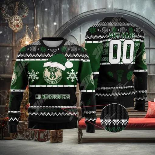 NBA Milwaukee Bucks Custom Name Number Ugly Christmas Sweater, NBA Chritsmas Sweater Moonbestprint