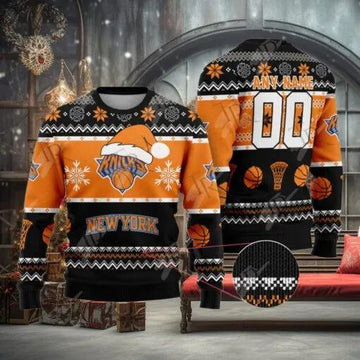 NBA New York Knicks Custom Name Number Ugly Christmas Sweater, NBA Chritsmas Sweater Moonbestprint