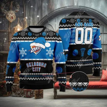 NBA Oklahoma City Thunder Custom Name Number Ugly Christmas Sweater, NBA Chritsmas Sweater Moonbestprint