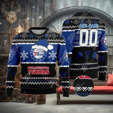 NBA Philadelphia 76ers Custom Name Number Ugly Christmas Sweater, NBA Chritsmas Sweater Moonbestprint