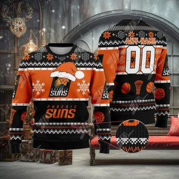 NBA Phoenix Suns Custom Name Number Ugly Christmas Sweater, NBA Chritsmas Sweater Moonbestprint