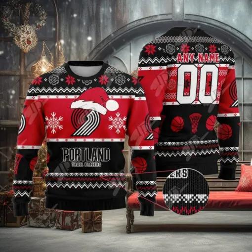 NBA Portland Trail Blazers Custom Name Number Ugly Christmas Sweater, NBA Chritsmas Sweater Moonbestprint