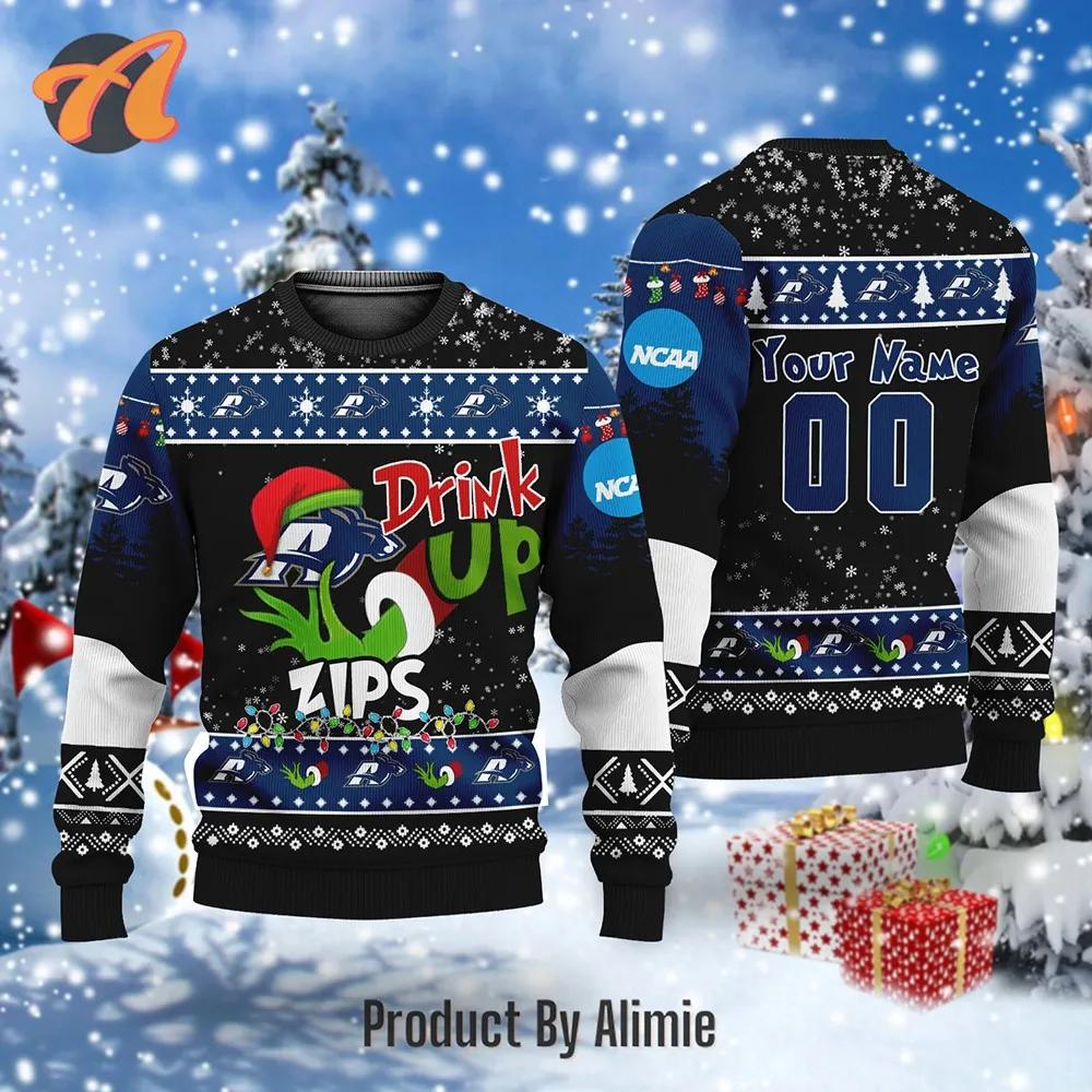 NCAA Grinch Drink Up Akron Zips Custom Ugly Christmas Sweater, NCAA Christmas Sweater Moonbestprint