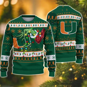 NCAA Miami Hurricanes Grinch Ugly Christmas Sweater, NCAA Christmas Sweater Moonbestprint