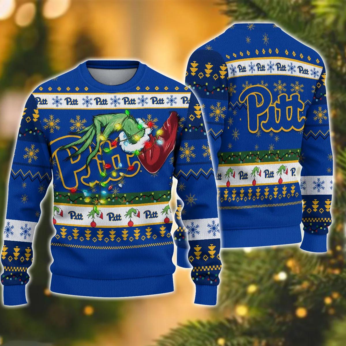 NCAA Pittsburgh Panthers Grinch Ugly Christmas Sweater, NCAA Christmas Sweater Moonbestprint