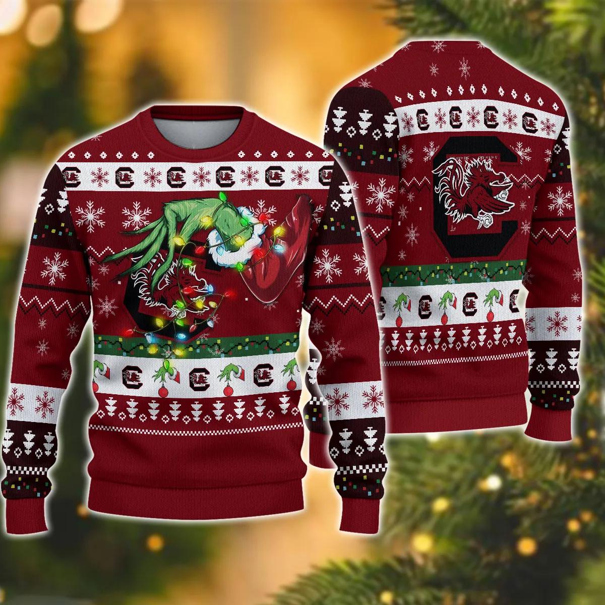 NCAA South Carolina Gamecocks Grinch Ugly Christmas Sweater, NCAA Christmas Sweater Moonbestprint