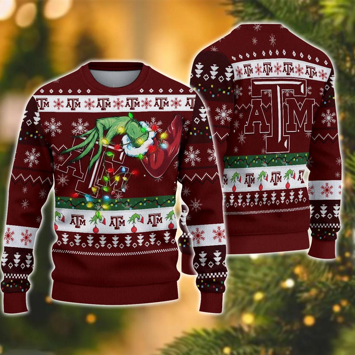NCAA Texas A&amp;M Aggies Grinch Ugly Christmas Sweater, NCAA Christmas Sweater Moonbestprint
