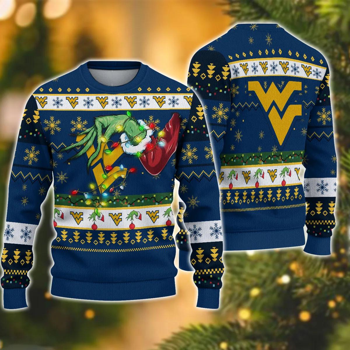 NCAA West Virginia Mountaineers Grinch Ugly Christmas Sweater, NCAA Christmas Sweater Moonbestprint