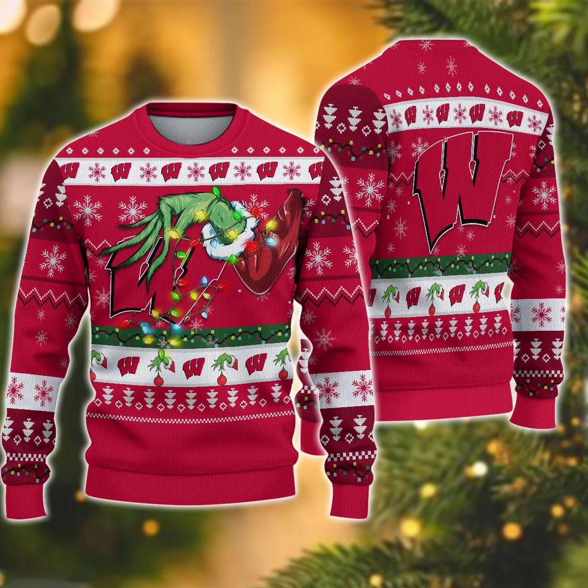 NCAA Wisconsin Badgers Grinch Ugly Christmas Sweater, NCAA Christmas Sweater Moonbestprint