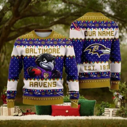 NFL Baltimore Ravens Cute Mascot Custom Ugly Christmas Sweater, NFL Chritsmas Sweater Moonbestprint
