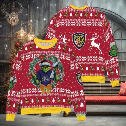 NFL Baltimore Ravens x Grinch Dr. Seuss How the Grinch Stole Christmas with Super Bowl Trophy Ugly Christmas Sweater, NFL Chritsmas Sweater Moonbestprint