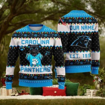 NFL Carolina Panthers Cute Mascot Custom Ugly Christmas Sweater, NFL Chritsmas Sweater Moonbestprint