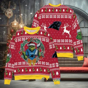 NFL Carolina Panthers x Grinch Dr. Seuss How the Grinch Stole Christmas with Super Bowl Trophy Ugly Christmas Sweater, NFL Chritsmas Sweater Moonbestprint