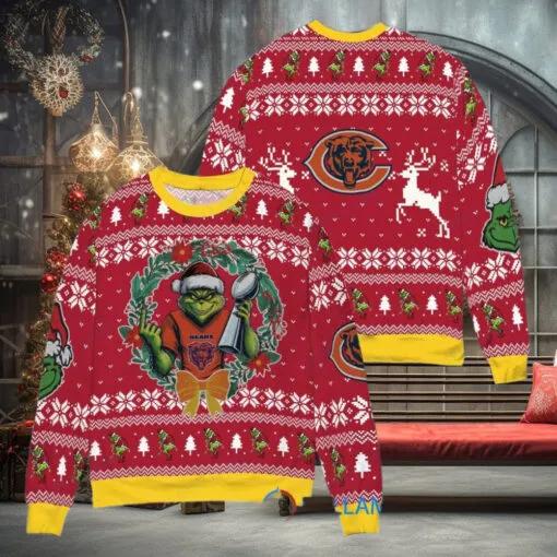 NFL Chicago Bears x Grinch Dr. Seuss How the Grinch Stole Christmas with Super Bowl Trophy Ugly Christmas Sweater, NFL Chritsmas Sweater Moonbestprint