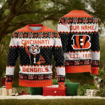 NFL Cincinnati Bengals Cute Mascot Custom Ugly Christmas Sweater, NFL Chritsmas Sweater Moonbestprint