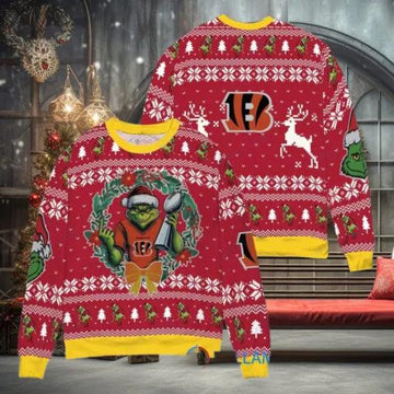 NFL Cincinnati Bengals x Grinch Dr. Seuss How the Grinch Stole Christmas with Super Bowl Trophy Ugly Christmas Sweater, NFL Chritsmas Sweater Moonbestprint