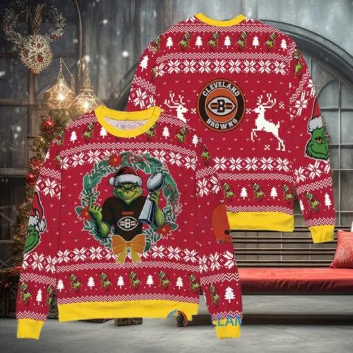 NFL Cleveland Browns x Grinch Dr. Seuss How the Grinch Stole Christmas with Super Bowl Trophy Ugly Christmas Sweater, NFL Chritsmas Sweater Moonbestprint