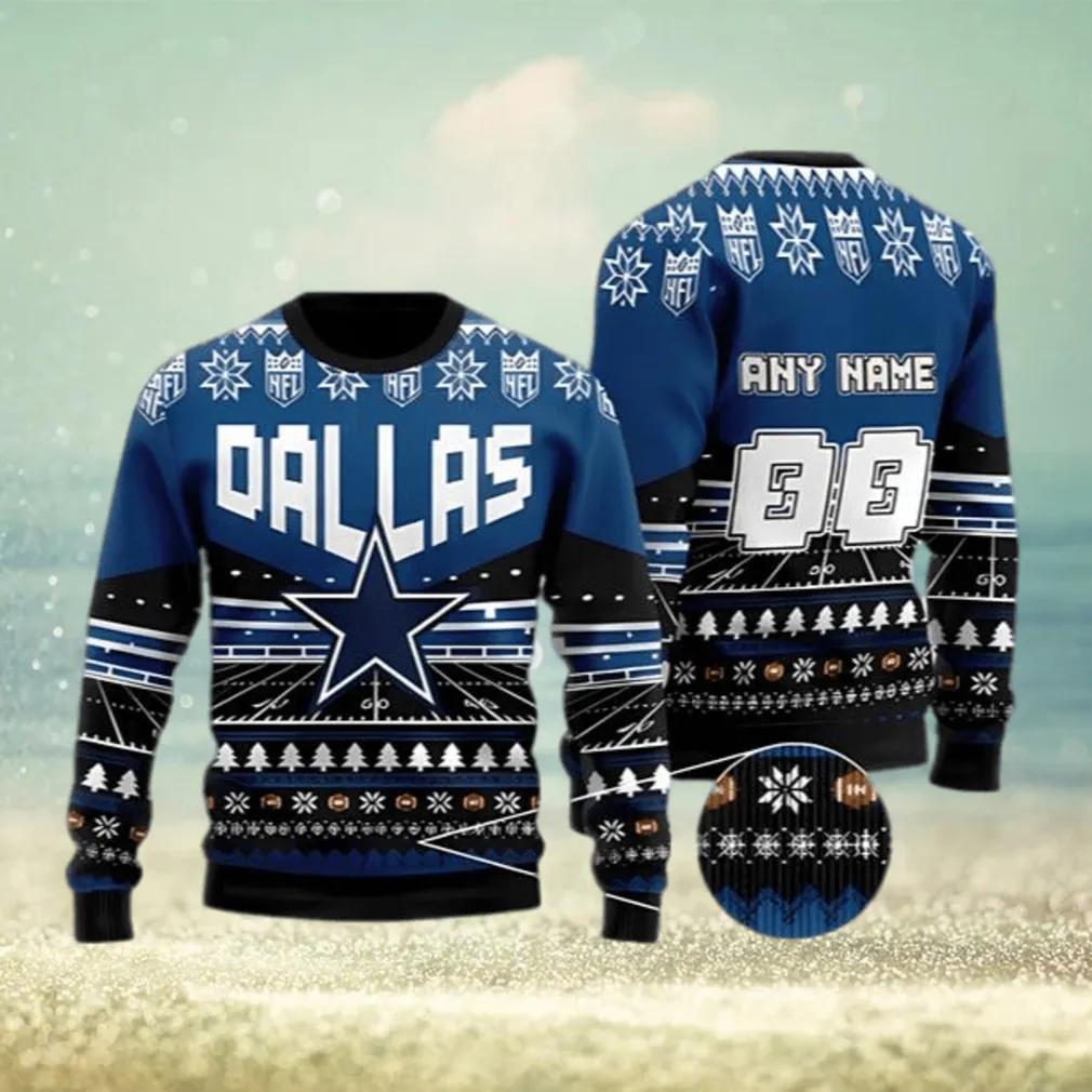 NFL Dallas Cowboys Custom Name And Number Christmas Gift For Fans Ugly Christmas Sweater, Christmas Sweater Dallas Cowboys Moonbestprint