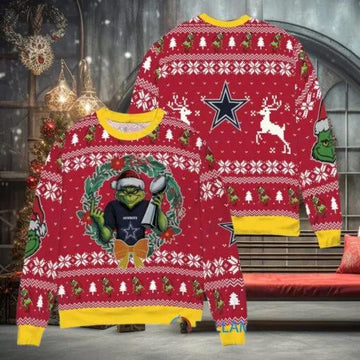 NFL Dallas Cowboys x Grinch Dr. Seuss How the Grinch Stole Christmas with Super Bowl Trophy Ugly Christmas Sweater, NFL Chritsmas Sweater Moonbestprint