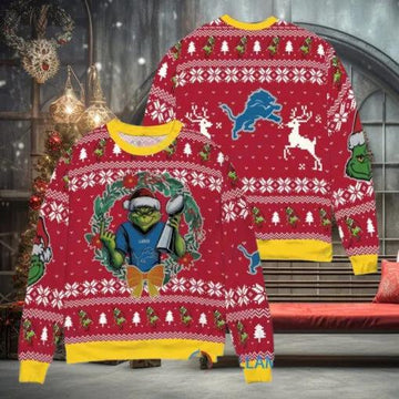 NFL Detroit Lions x Grinch Dr. Seuss How the Grinch Stole Christmas with Super Bowl Trophy Ugly Christmas Sweater, NFL Chritsmas Sweater Moonbestprint