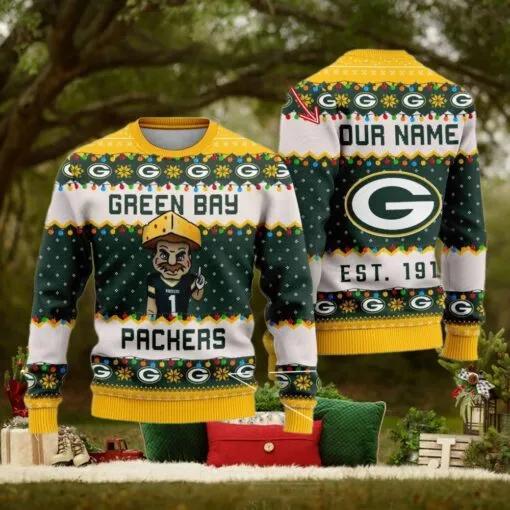 NFL Green Bay Packers Cute Mascot Custom Ugly Christmas Sweater, NFL Chritsmas Sweater Moonbestprint