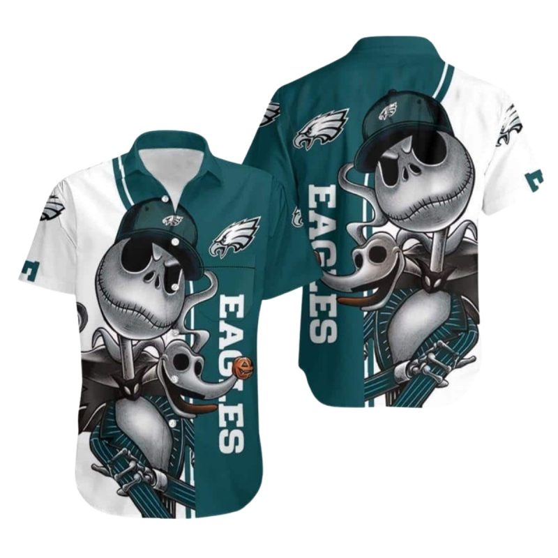 Jack Skellington And Zero Philadelphia Eagles Tropical Hawaiian Shirt - Moonbestprint