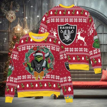 NFL Las Vegas Raiders x Grinch Dr. Seuss How the Grinch Stole Christmas with Super Bowl Trophy Ugly Christmas Sweater, NFL Chritsmas Sweater Moonbestprint