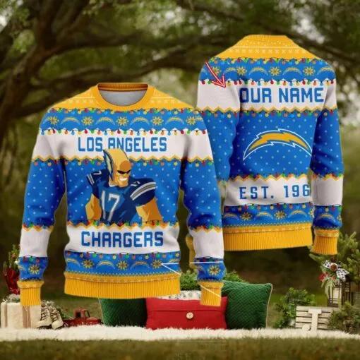 NFL Los Angeles Chargers Cute Mascot Custom Ugly Christmas Sweater, NFL Chritsmas Sweater Moonbestprint