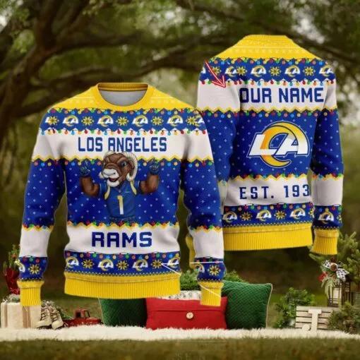 NFL Los Angeles Rams Cute Mascot Custom Ugly Christmas Sweater, NFL Chritsmas Sweater Moonbestprint