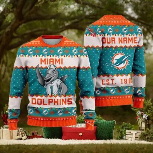 NFL Miami Dolphins Cute Mascot Custom Ugly Christmas Sweater, NFL Chritsmas Sweater Moonbestprint