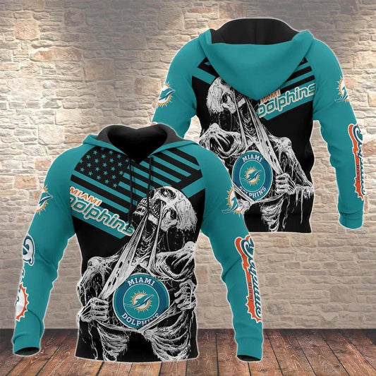 NFL Miami Dolphins Skelenton 3D Hoodie, NFL Hoodie Moonbestprint