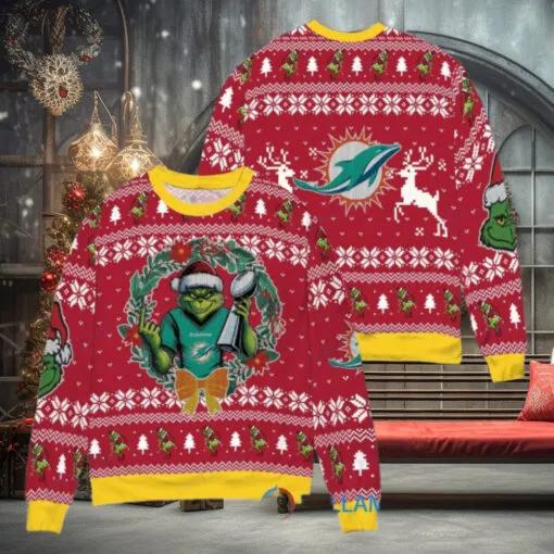 NFL Miami Dolphins x Grinch Dr. Seuss How the Grinch Stole Christmas with Super Bowl Trophy Ugly Christmas Sweater, NFL Chritsmas Sweater Moonbestprint