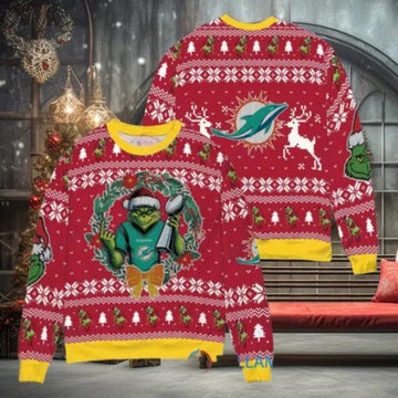 NFL Miami Dolphins x Grinch Dr. Seuss How the Grinch Stole Christmas with Super Bowl Trophy Ugly Christmas Sweater, NFL Chritsmas Sweater Moonbestprint